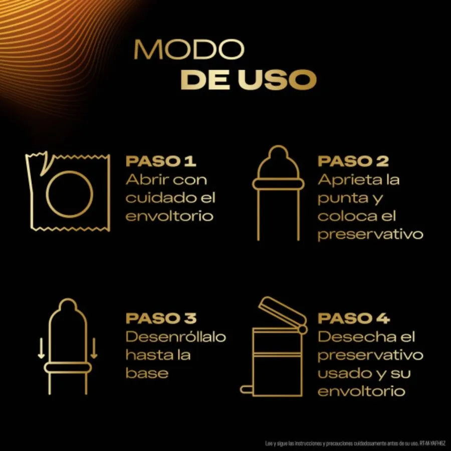 Mode d'emploi Durex Connexion Totale Ultra Fine, étapes illustrées sur fond noir et doré, texte en espagnol.