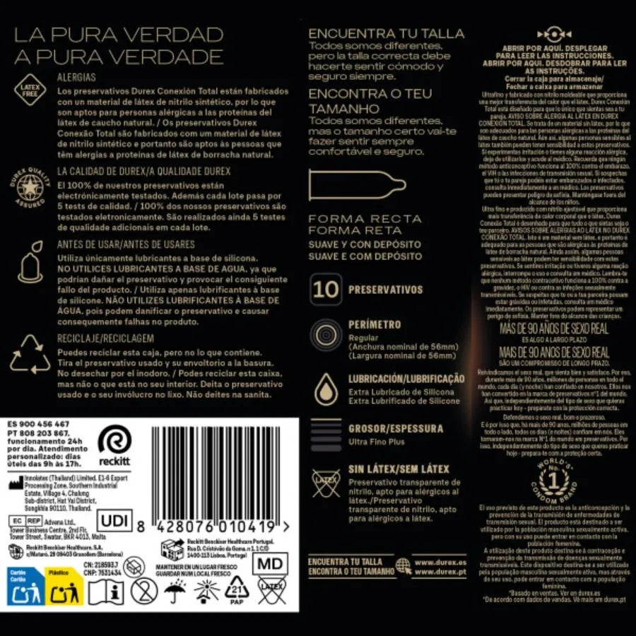 Boîte noire de préservatifs Durex Connexion Totale Ultra Fine, sans latex, 10 unités, texte informatif multilingue.