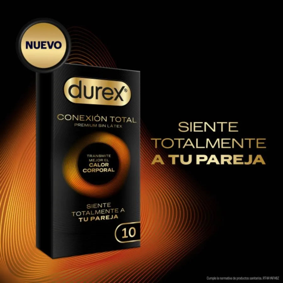 Boîte noire Durex Connexion Totale Ultra Fine sans latex, 10 unités, texte doré, design moderne et élégant.