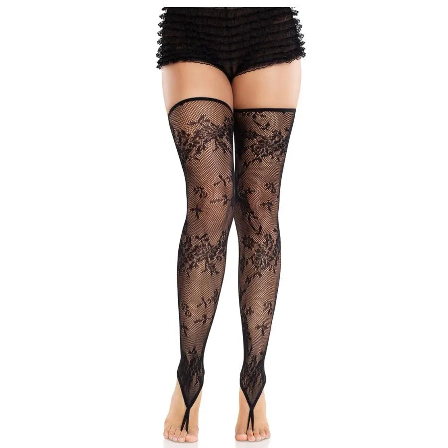 collants résille fleuris sans pieds dentelle florale romantique noir extensible confortable taille unique polyvalent sophistiqué transparent élégant sensuel maintien fin