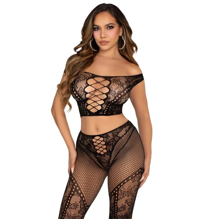 ensemble deux pièces haut court noir résille épaules dénudées lien avant legging taille haute dentelle extensible confortable nylon élasthanne