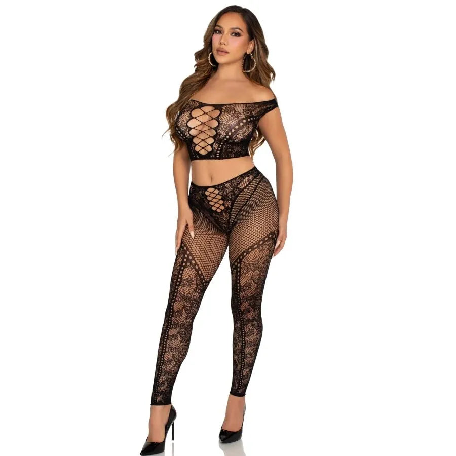 Ensemble noir résille épaules dénudées, crop top avec lien avant, legging taille haute dentelle, élégant et audacieux.