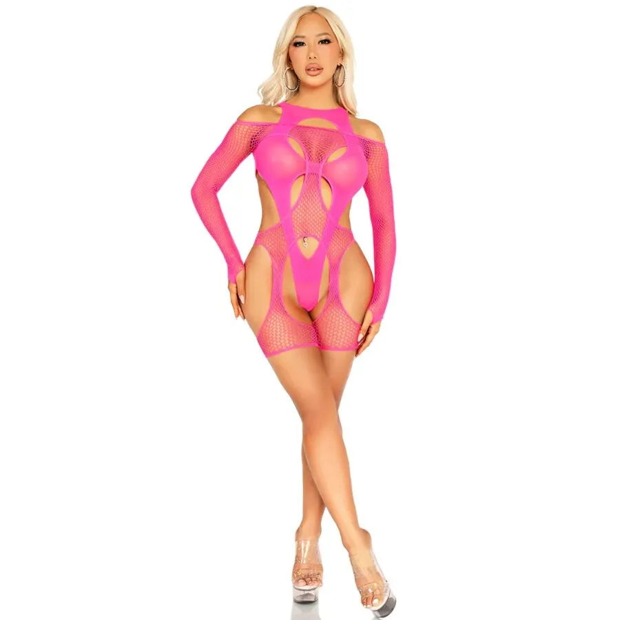 harnais porte jarretelles body résille rose fluo ultra féminin séduisant audacieux sensuel extensible confortable ajustable élégant