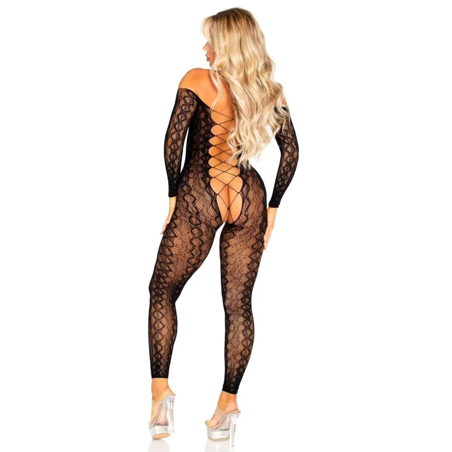 Combinaison résille noire motif serpent, ultra-extensible, ouverte entrejambe, manches longues, dos lacé, style sensuel.