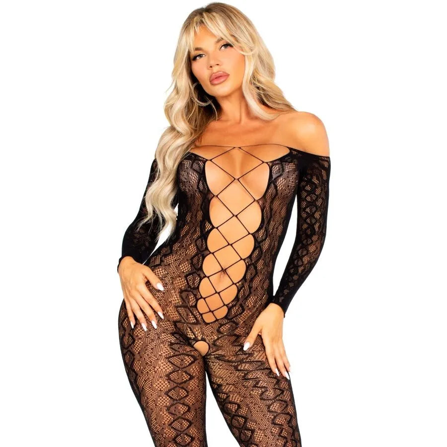 combinaison résille motif serpent noir ultra extensible ouvert entrejambe pieds gainant sensuel raffiné adaptable nylon élasthanne boîte luxe