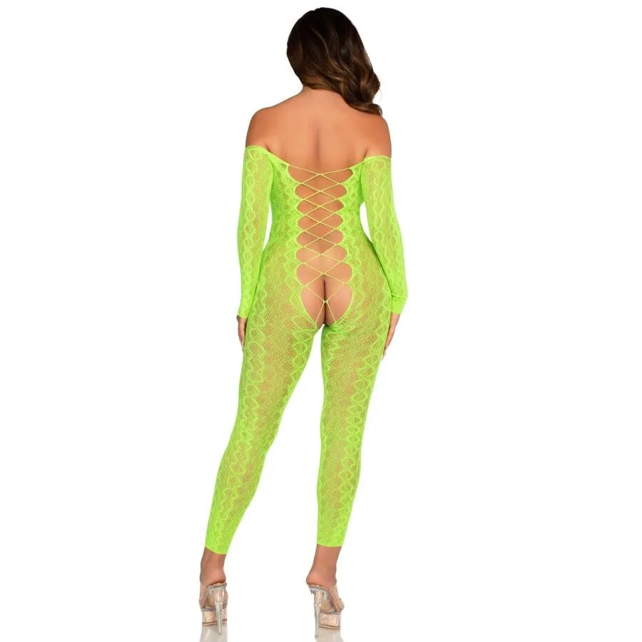 Combinaison résille vert fluo motif serpent, dos lacé, ouvert entrejambe, galbant, nylon élasthanne, style sexy élégant.