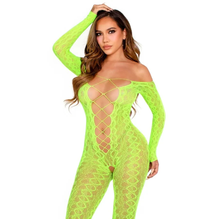 combinaison résille motif serpent vert fluo ouvert entrejambe pieds ultraextensible galbant ajusté silhouette sexy luxueux nylon élasthanne