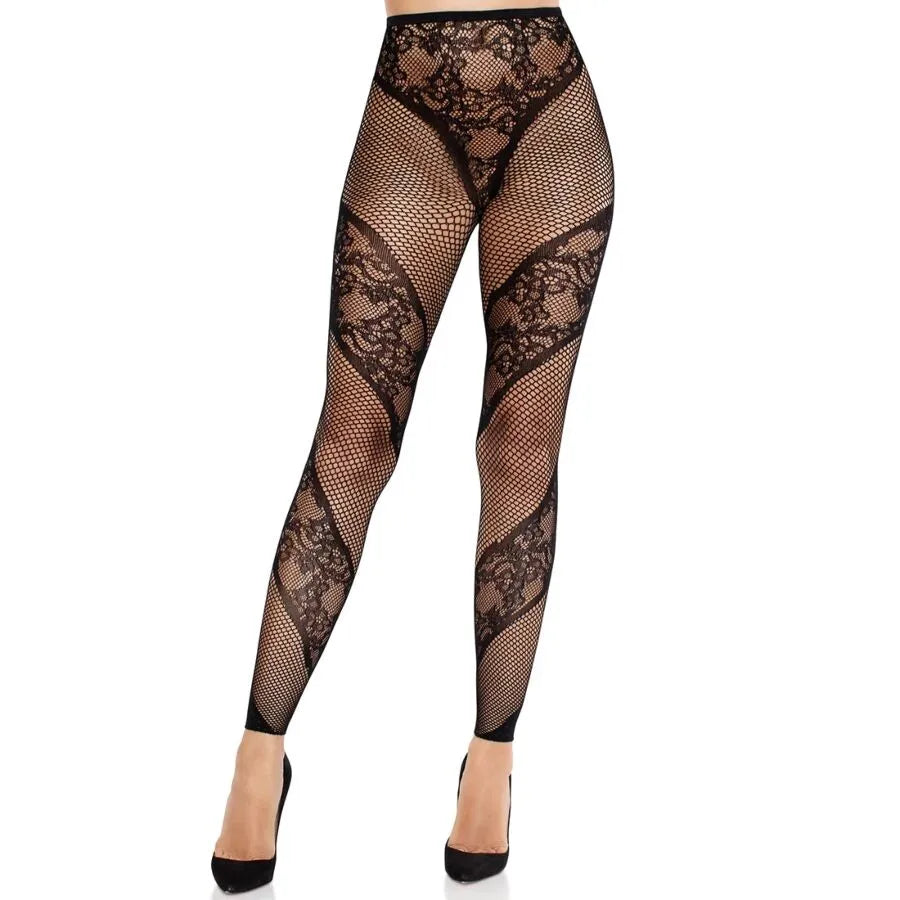 Collants sans pieds noirs dentelle résille galbant élégant luxueux extensible confortable nylon élasthanne sophistiqué sensuel polyvalent jambes élancées