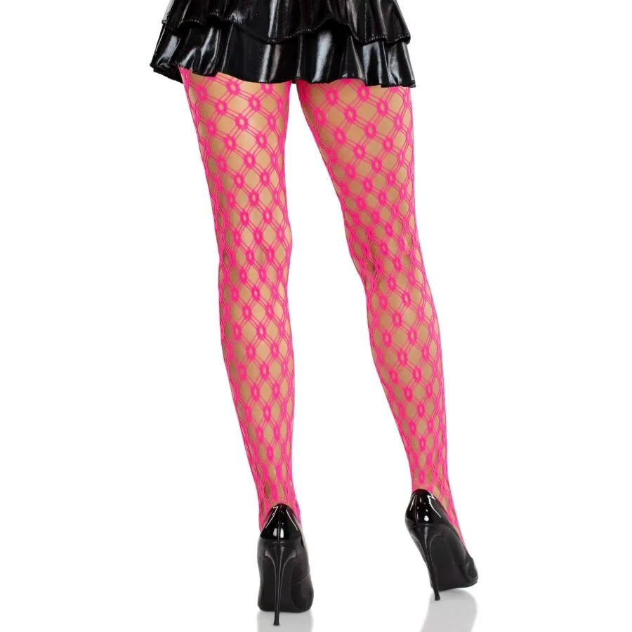 Collants résille rose fluo à œillets, motif géométrique, extensibles, idéals pour festivals et soirées tendance.