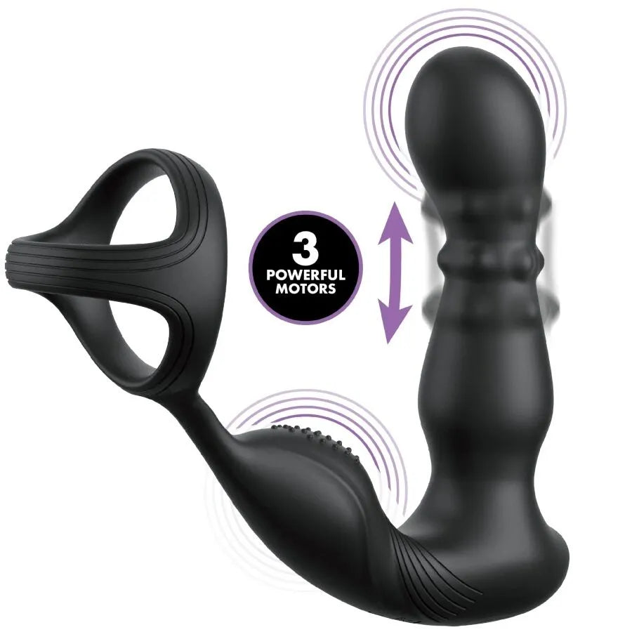 Anneau anal vibrant noir en silicone avec perles, télécommande, stimulation périnée et prostate, étanche et rechargeable.