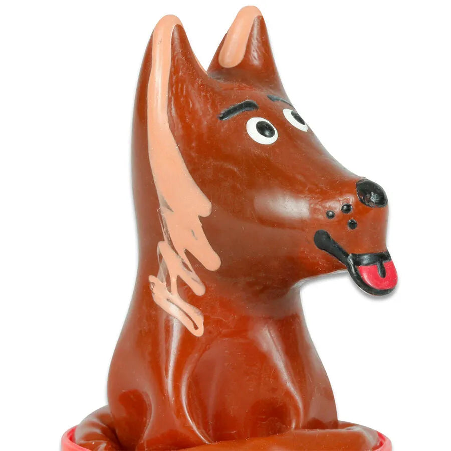 Préservatif fantaisie peint à la main, forme de chien marron, détails artistiques uniques, style bohème Amsterdam.