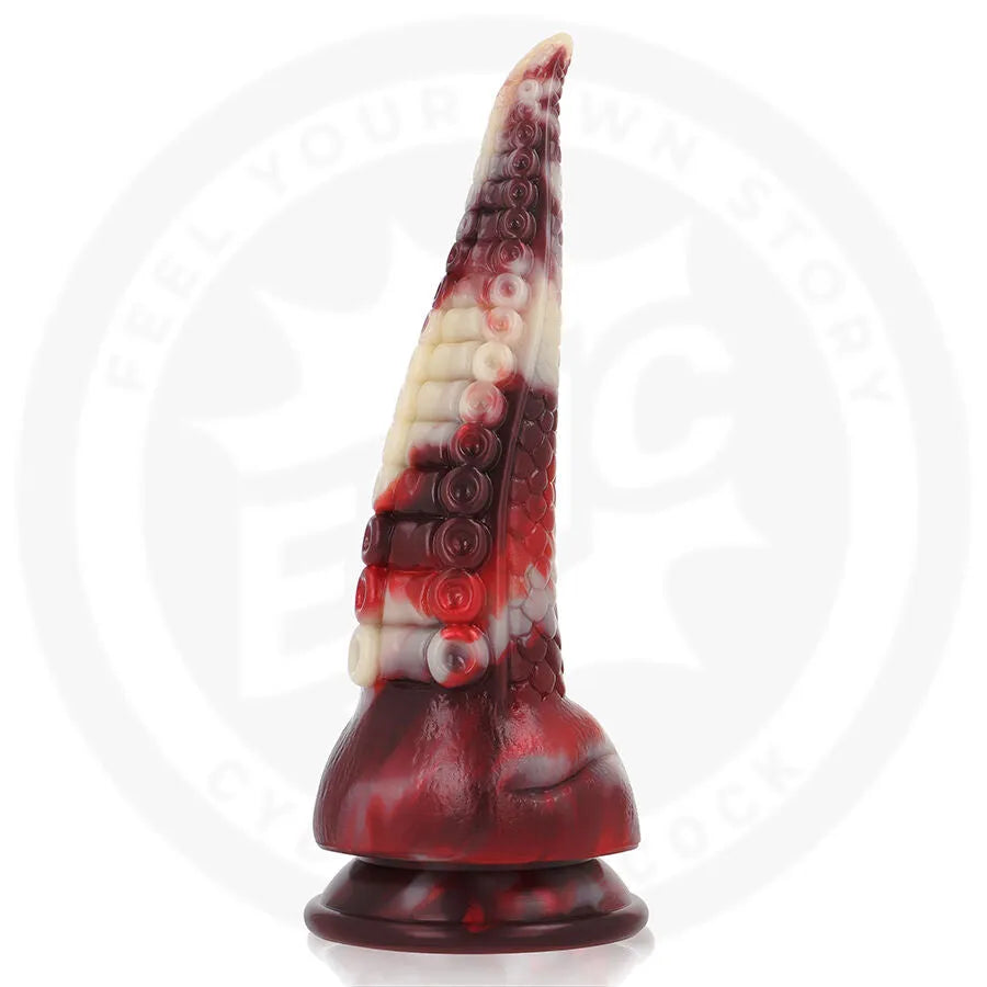 Godemichet Draxis Abyss Shadow, design abyssal rouge et blanc, texture écailleuse, base large pour stabilité.
