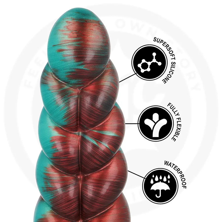 Gode segmenté marbré turquoise bordeaux en silicone médical, texturé, flexible, base évasée pour stimulation profonde.