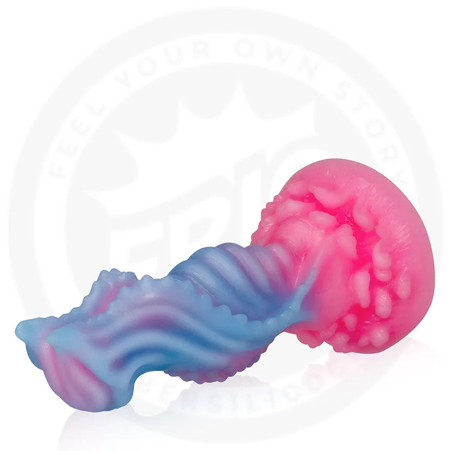 Gode silicone ondulé bifurqué bleu rose, texturé nodulé, base large, design ergonomique, compatible harnais.