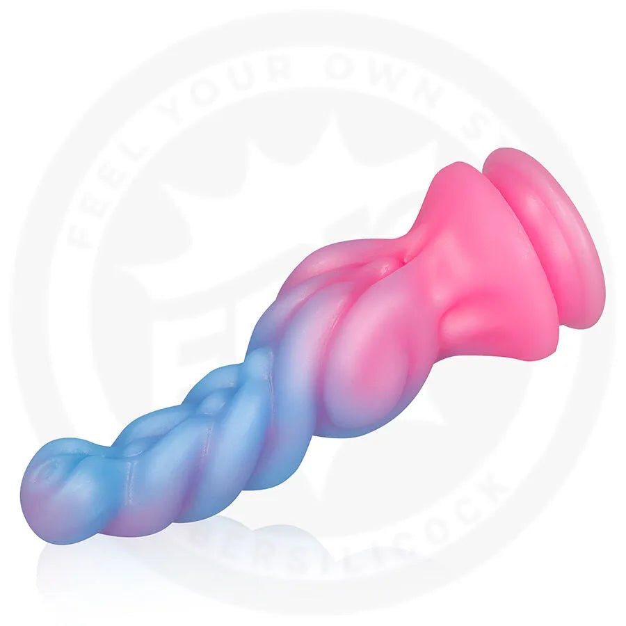 Gode silicone Epic Rheona Dawn rose et bleu, design ergonomique torsadé, stimulation profonde, sextoy raffiné.