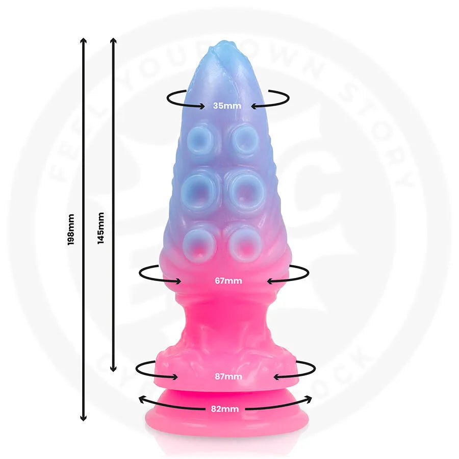 Gode Hydrala Mystic Tides bleu et rose, silicone médical, design océanique, ventouses, 198mm, stimulation intime.