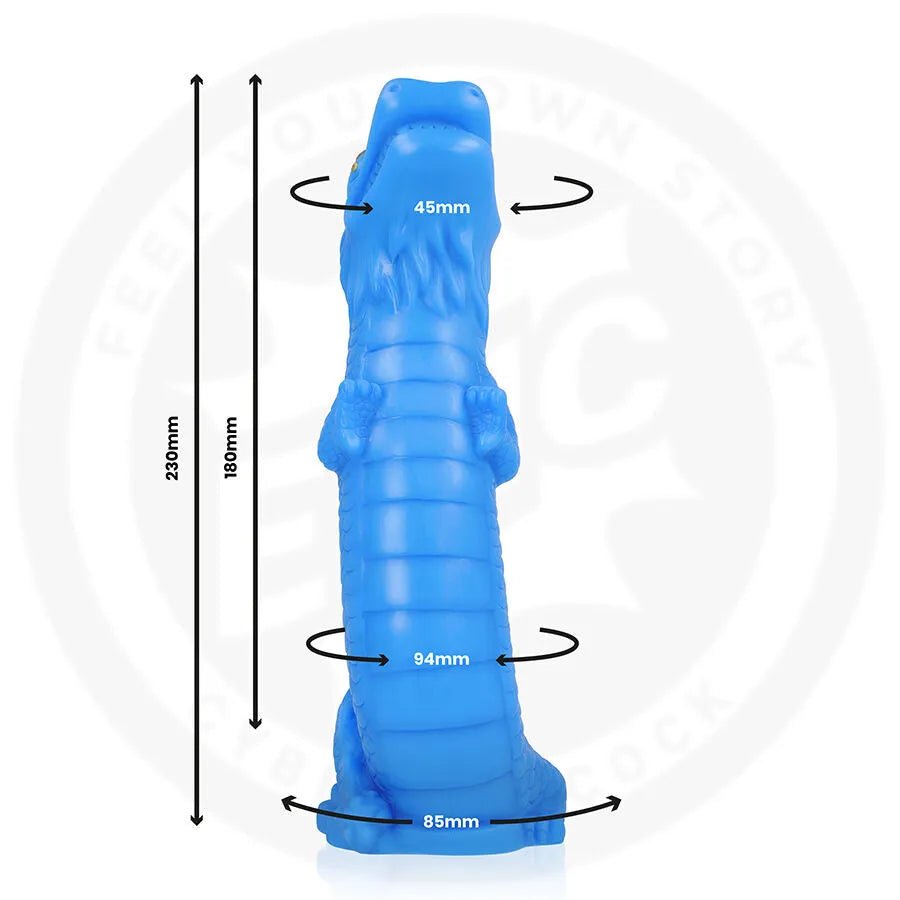 Gode Naga dragon céleste bleu texturé en silicone médical, forme ergonomique, détails mythologiques, dimensions visibles.