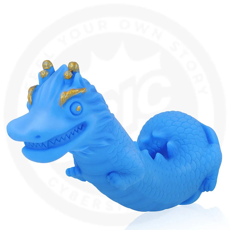 Gode Naga Dragon bleu texturé, design mythologique, silicone médical, ergonomique, détails dorés, étanche.