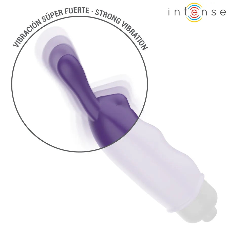 Balle vibrante violette en silicone doux, forme cylindrique avec oreilles de lapin, stimulation clitoridienne précise.