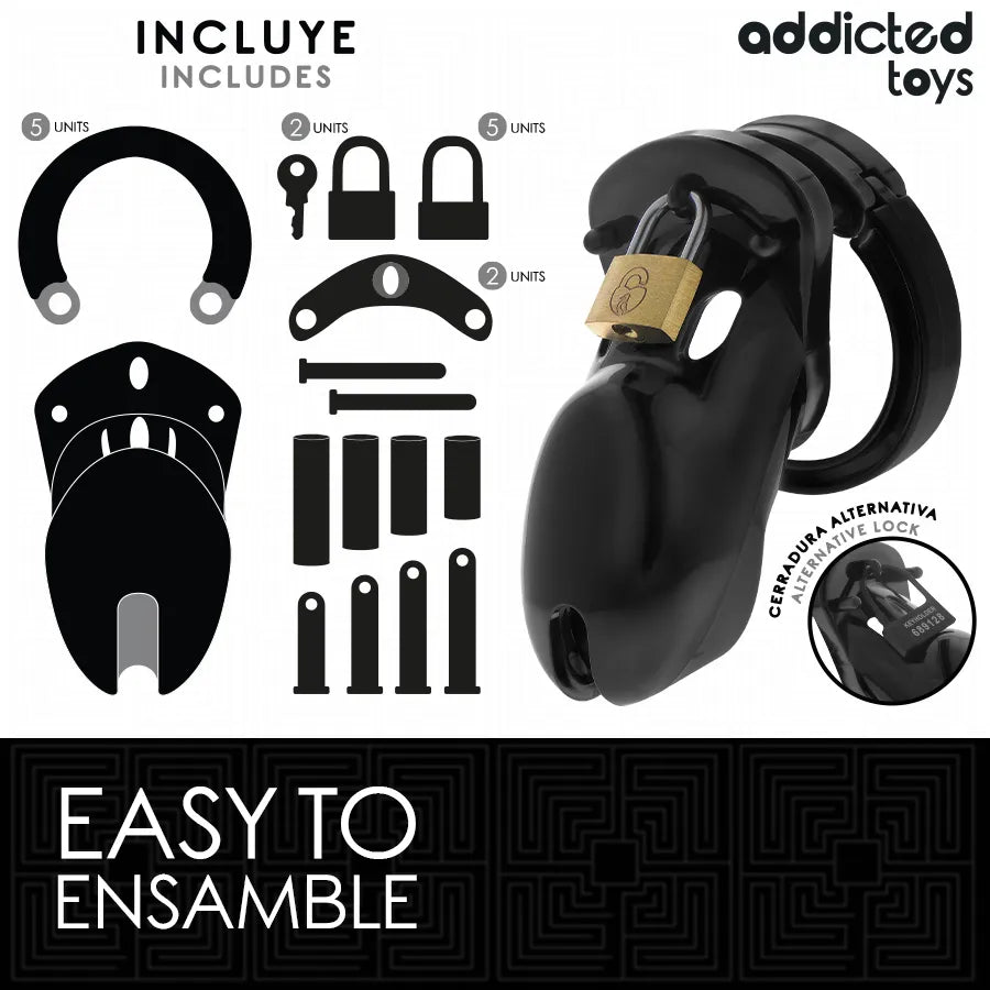 Cage de chasteté noire ergonomique pour homme avec anneaux interchangeables et verrouillage métallique, vue détaillée.