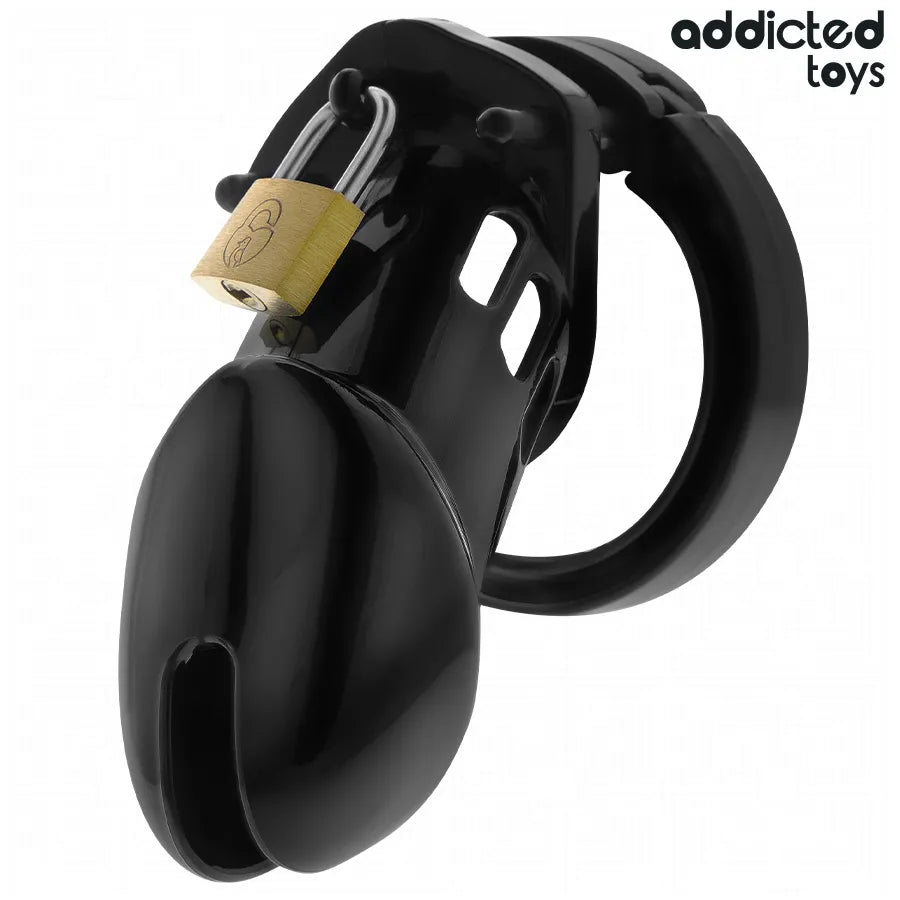 Cage de chasteté pénis noire en acier inoxydable, ergonomique, avec ventilation et verrouillage sécurisé, finition polie.