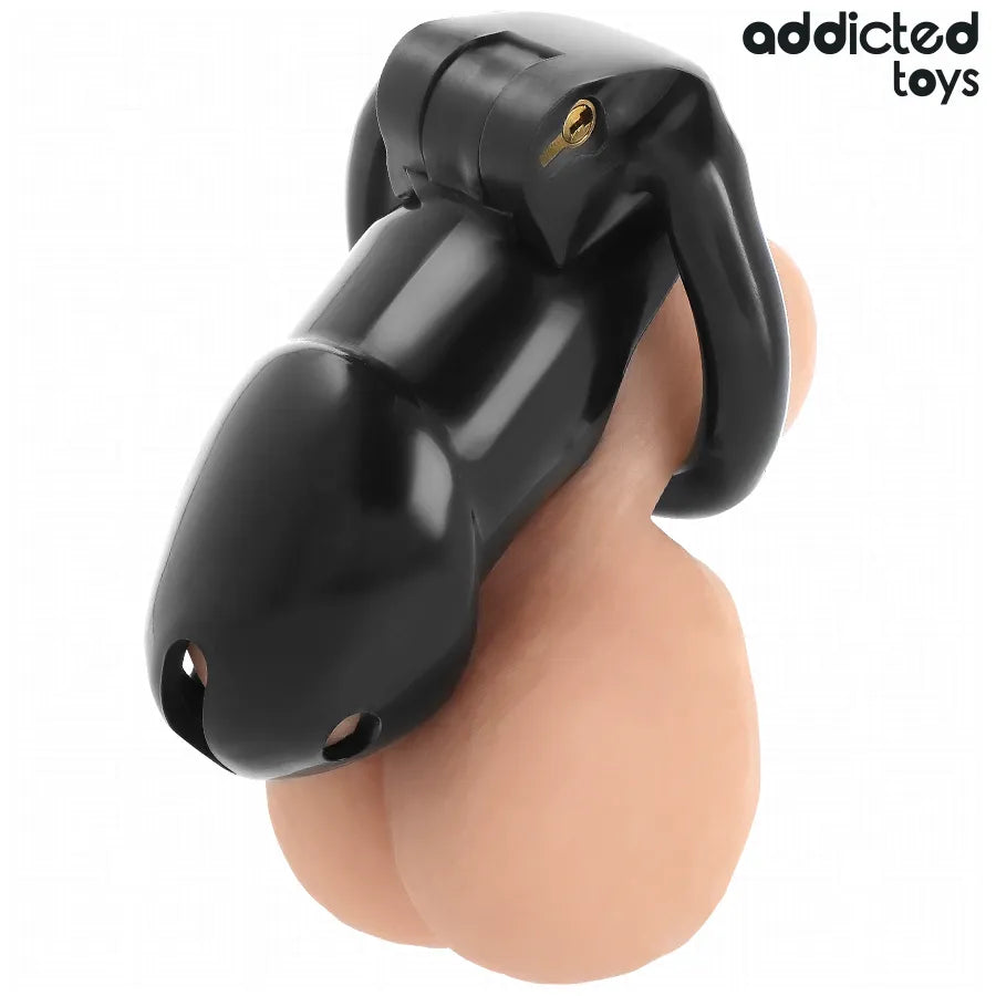 Cage de chasteté noire Addicted Toys, anneaux ajustables, serrure intégrée, design ergonomique et robuste.