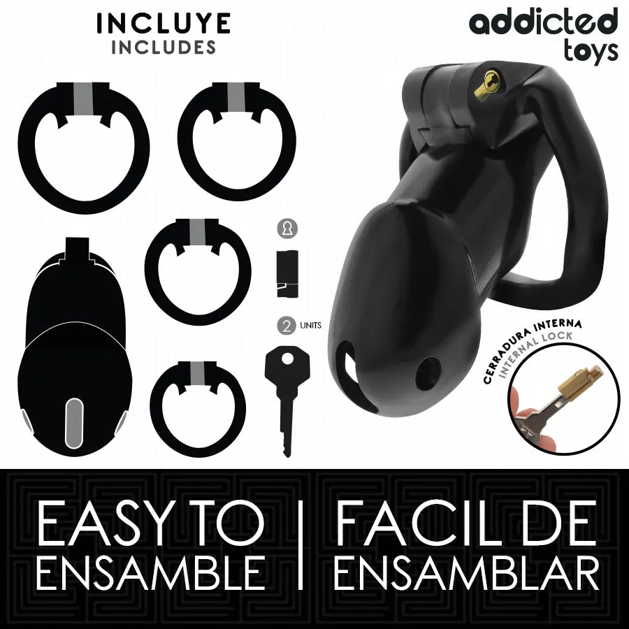 Cage de chasteté noire avec anneaux ajustables, serrure intérieure, clés incluses, design ergonomique et robuste.