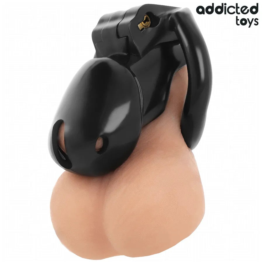 Cage de chasteté noire Addicted Toys, anneaux ajustables, serrure intérieure, ergonomique, pour jeux de domination.
