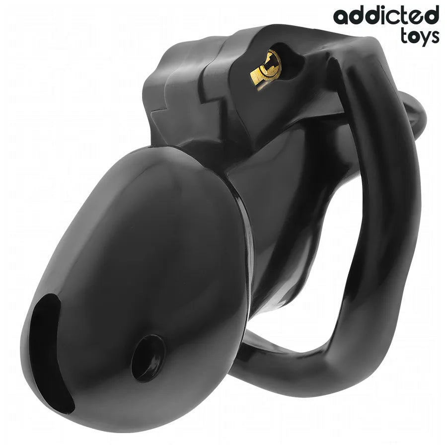Cage de chasteté noire en plastique robuste avec anneaux ajustables, serrure intégrée, pour jeux de domination et intimité.