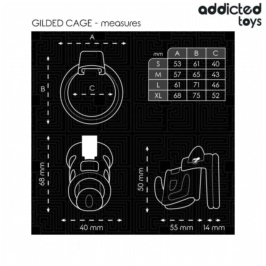 Cage de chasteté métal Addicted Toys taille M, dimensions précises, design robuste et sécurisé pour port prolongé.