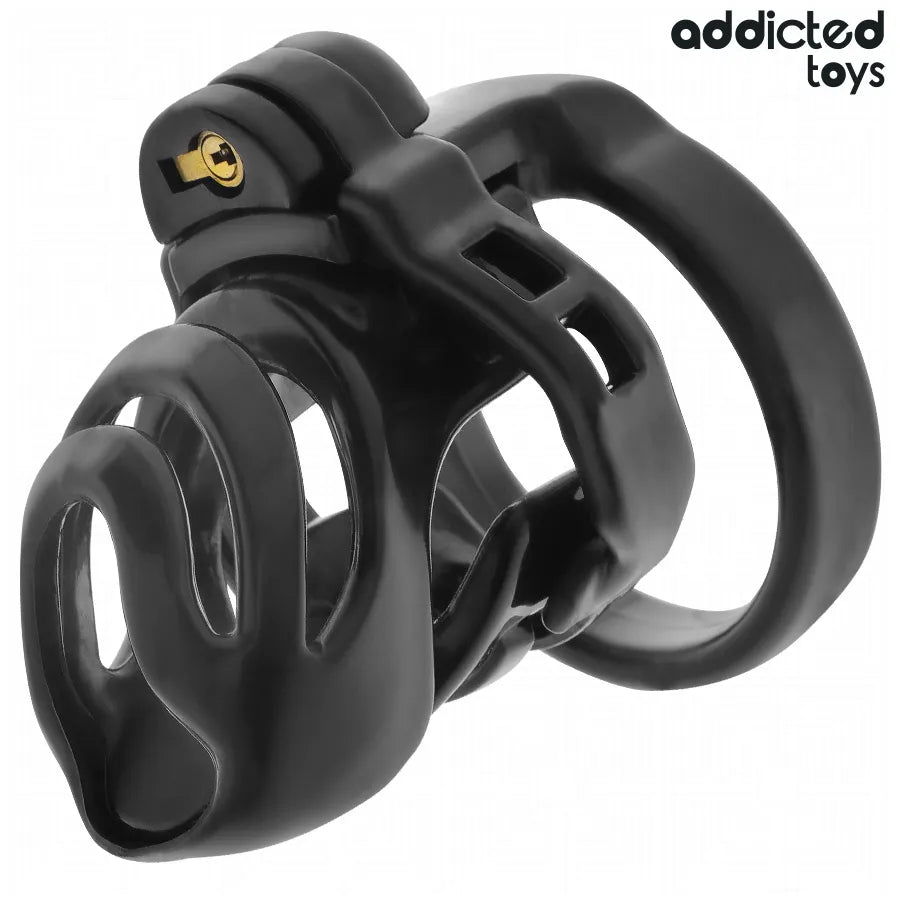 Cage de chasteté noire avec dilatateur urétral, verrouillage sécurisé, quatre anneaux ajustables pour confort optimal.