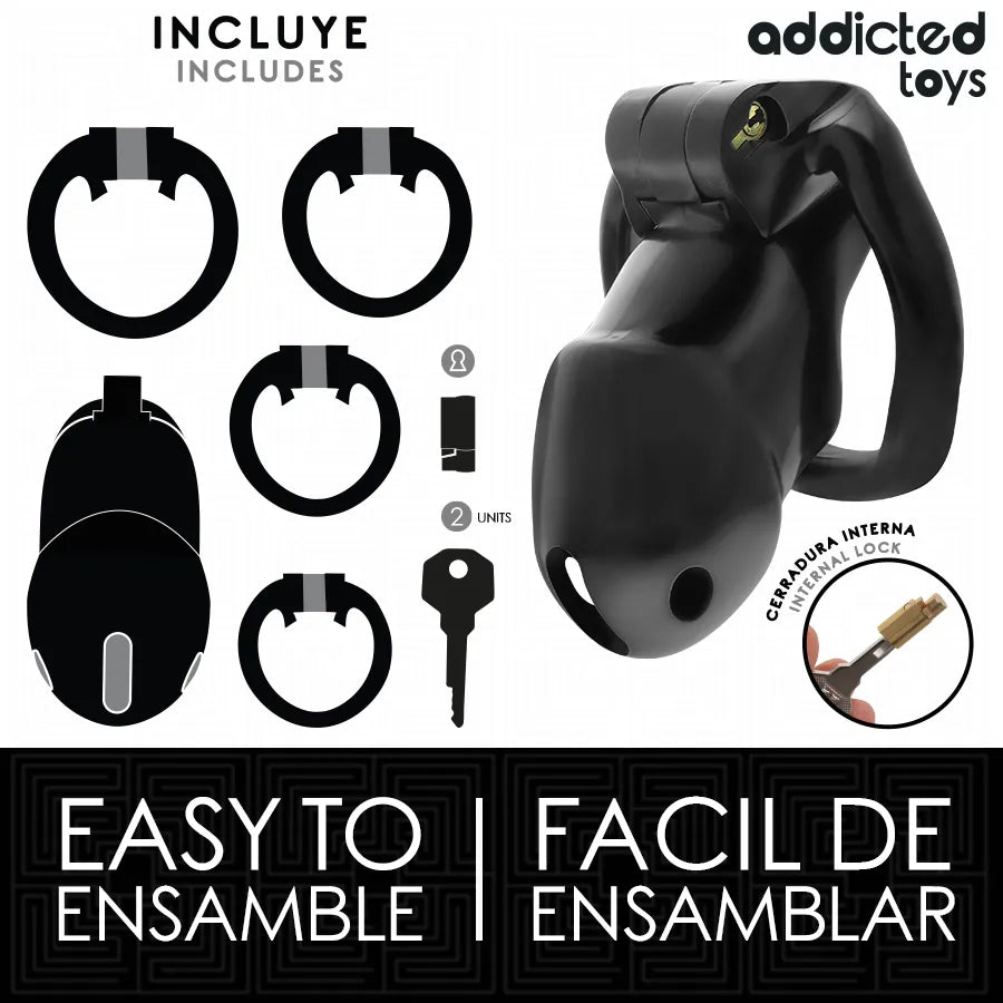 Cage de chasteté noire ergonomique avec serrure intérieure, clés, anneaux interchangeables pour confort et sécurité optimale.
