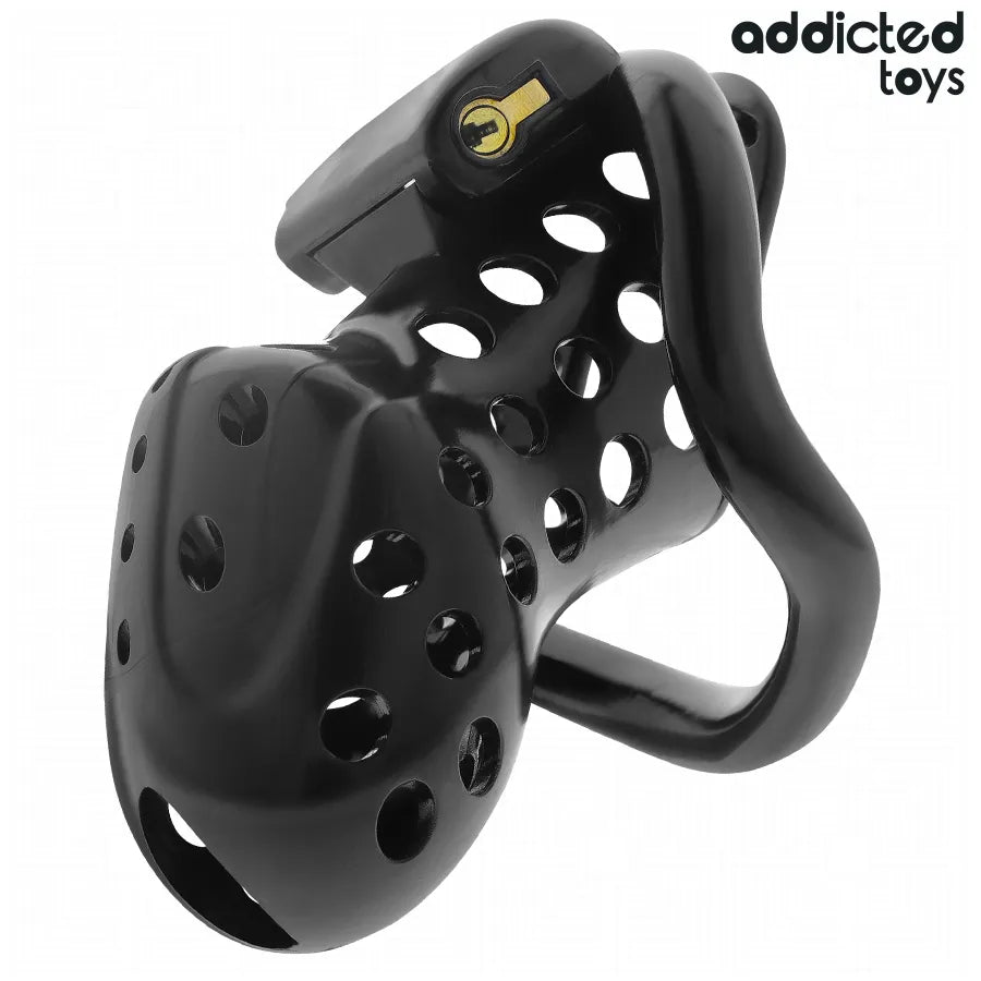 Cage de chasteté noire ergonomique avec trous respirants, fermeture à cadenas, anneaux ajustables pour confort et sécurité.