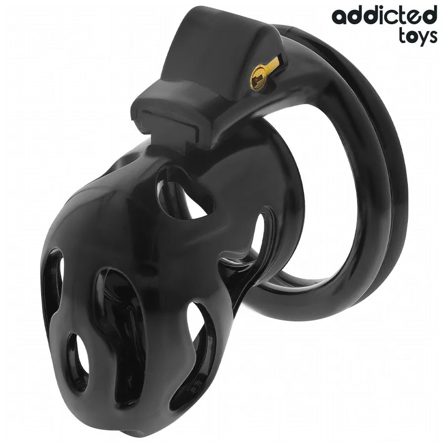 Cage de chasteté noire ajustable en inox, design ergonomique avec anneaux interchangeables et verrouillage sécurisé.