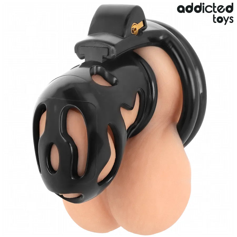 Cage de chasteté noire ajustable en inox, design ergonomique et robuste, avec verrouillage sécurisé et anneaux interchange...