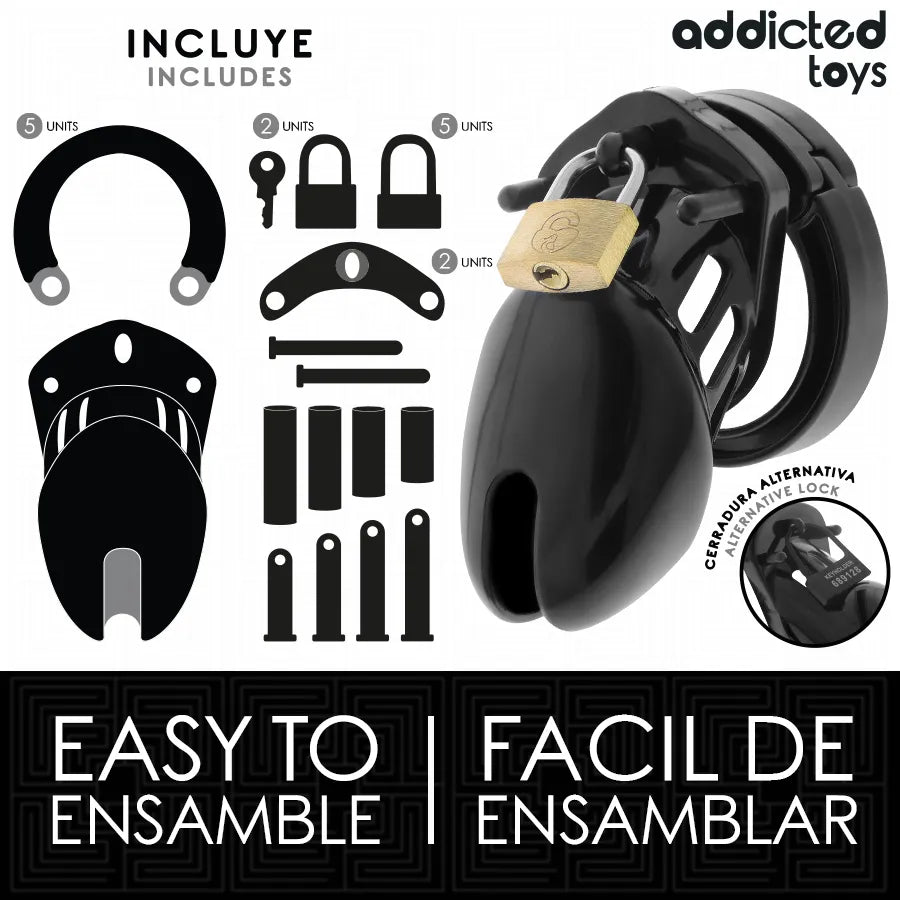 Cage de chasteté noire ajustable Obsidian Hold, design ergonomique, multiples anneaux, système de verrouillage sécurisé.