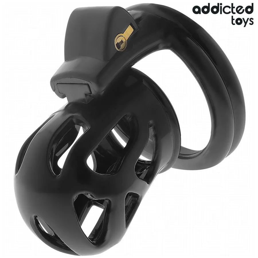 Cage de chasteté noire ajustable, design ergonomique, matériaux durables, serrure dorée, pour confort et sécurité.