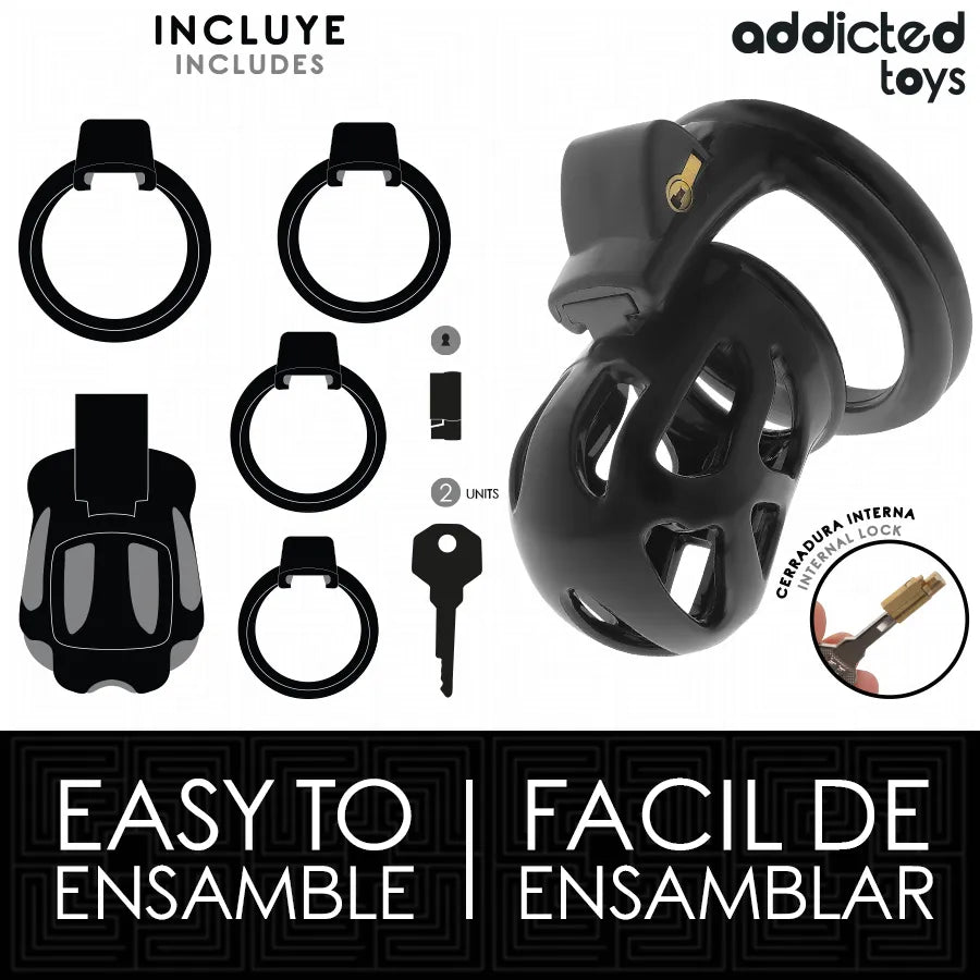 Cage de chasteté noire ajustable, design ergonomique, avec serrures et clés, pour confort et sécurité optimaux.