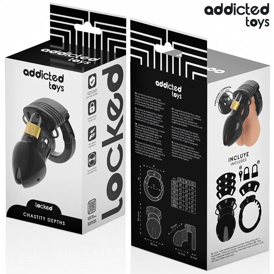 Cage de chasteté noire ajustable avec cadenas, emballée dans une boîte Addicted Toys, pour confort et sécurité.