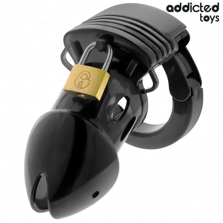 Cage de chasteté noire en plastique, ajustable avec cadenas doré, pour confort et sécurité, idéale débutants et experts.