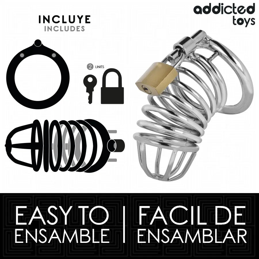 Cage de chasteté en métal argenté, design ergonomique, anneau pubien 45mm, verrouillage sécurisé avec clés.
