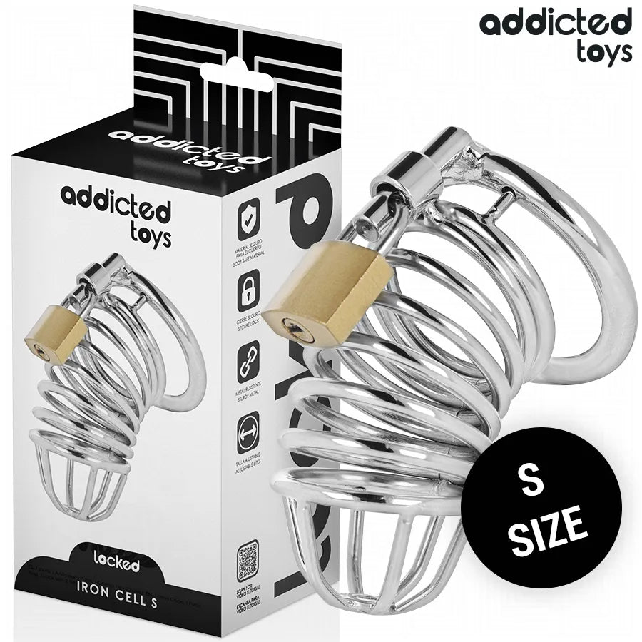 Cage de chasteté en métal argenté, design ergonomique, taille S, avec cadenas et anneau pubien, marque Addicted Toys.