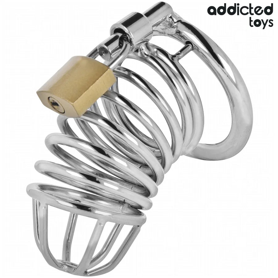 Cage de chasteté en métal argenté, design ergonomique, verrouillage sécurisé, anneau pubien 45mm, marque Addicted Toys.