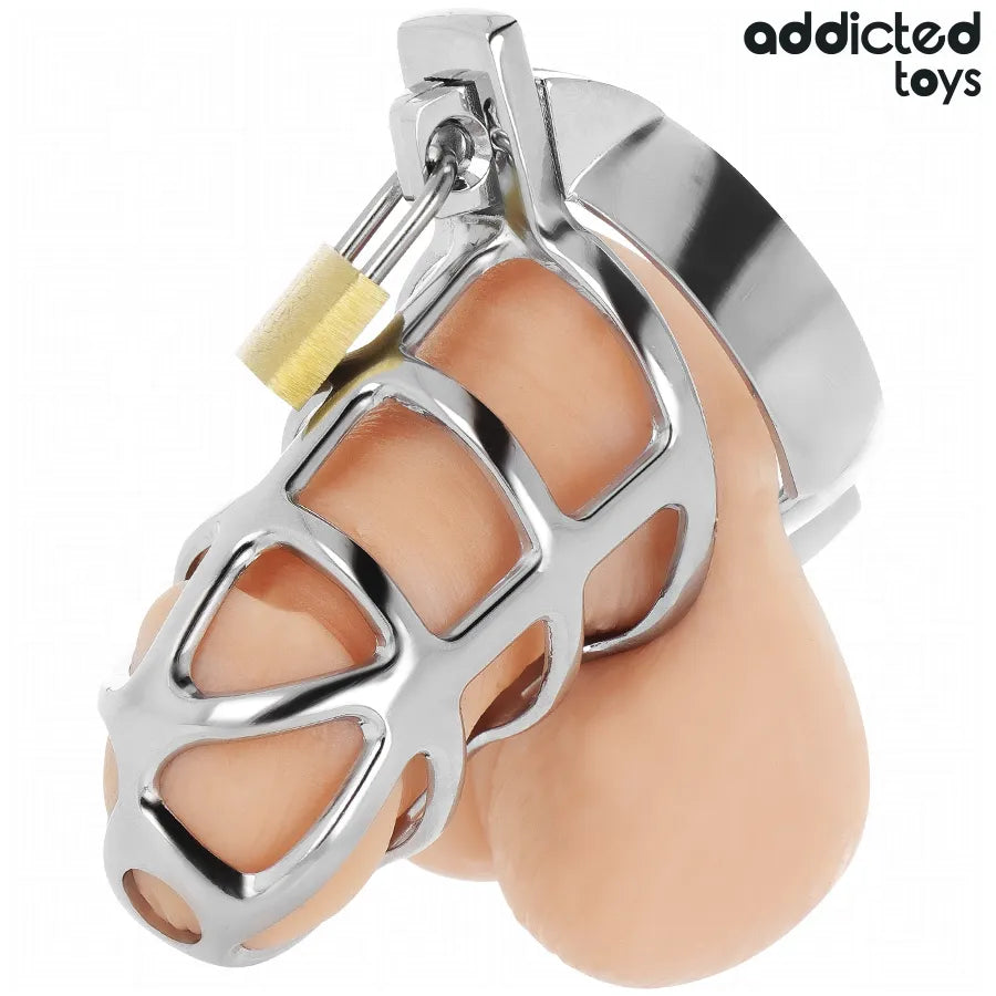 Cage de chasteté en métal argenté élégante et robuste, design ergonomique avec anneau ajustable, par Addicted Toys.