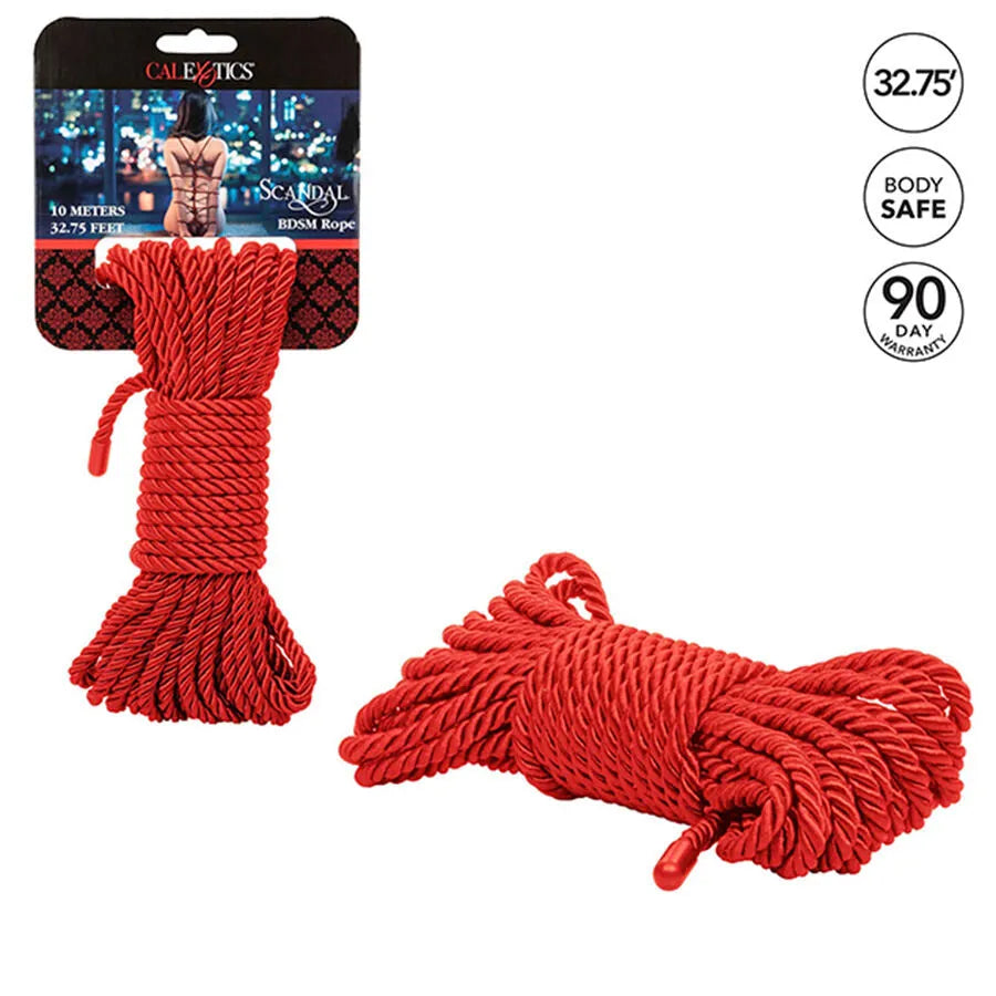 Corde bondage shibari rouge 10m, texture soyeuse, coton polyester, pour couples BDSM, débutants et experts.