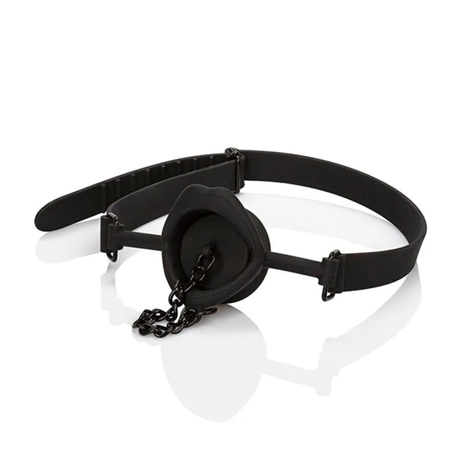 Bâillon bouche ouverte en silicone noir, ajustable, ergonomique, pour jeux de rôle bondage, couples, hypoallergénique.