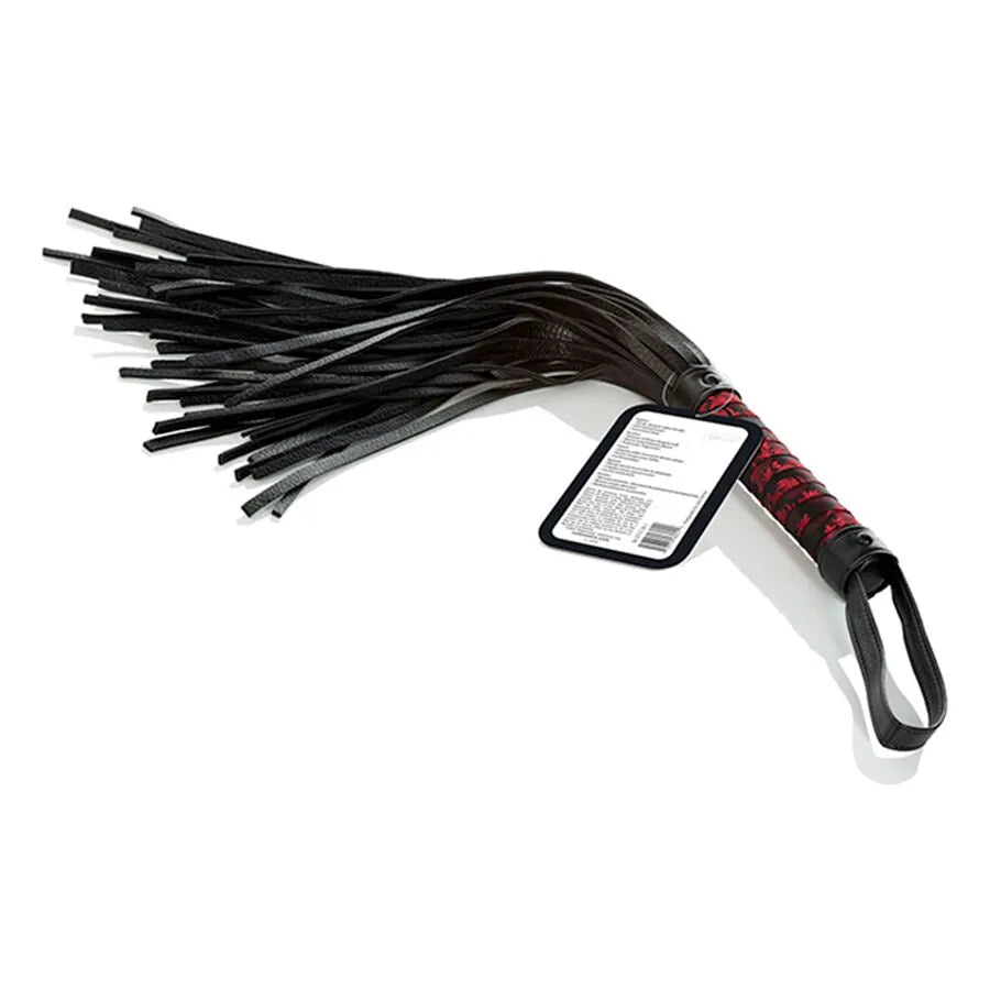 Fouet BDSM rouge noir, pompons doux, poignée ergonomique robuste, design sophistiqué pour débutants et expérimentés.