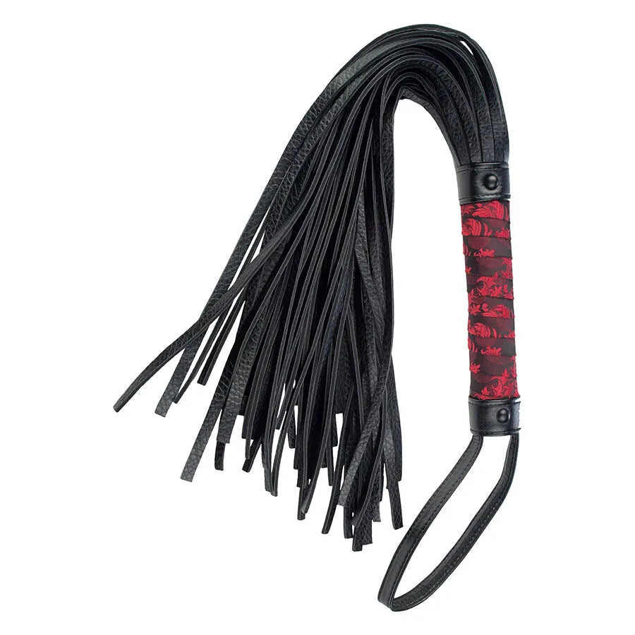 Fouet érotique Scandal rouge noir PVC 37cm poignée robuste pompons doux débutant expert BDSM sensations polyvalent élégant sophistiqué