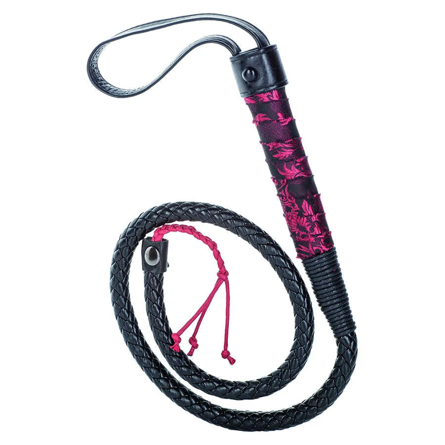 fouet sadomasochiste cuir souple rouge noir luxe élégant puissant manche robuste glands sensations contrôle précision prise ergonomique polyester raffiné durable