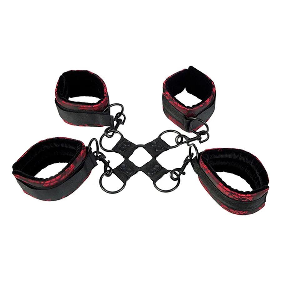 cravate menottes brocart rouge noir polyester moelleuses réglables velcro anneaux pivotants connecteur torique robuste ergonomique confortable sécurisée